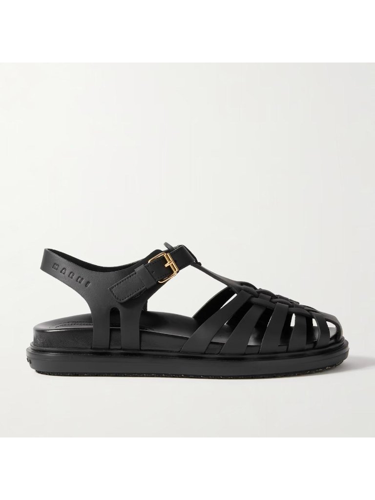 Marni Black Caged Leather Flat Sandals